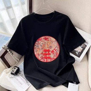 別致重工刺繡國風短袖t恤女2024夏季新款新中式復古盤扣小衫上衣 國潮 中國風上衣 復古上衣 大尺碼上衣 顯瘦 短袖T恤