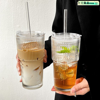 美式拿鐵氣泡水冷 大容量馬剋杯 帶刻度玻璃吸管杯 咖啡杯 復古杯 高顔值冷飲果汁咖啡杯帶蓋吸管豎條紋玻璃杯水杯ins飲料