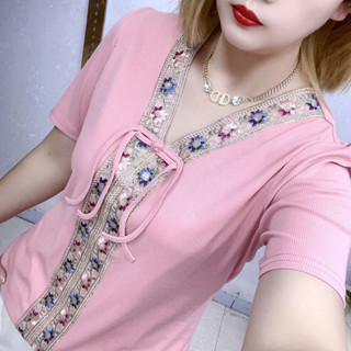 新中式短袖T恤女|國風刺繡短袖上衣|時尚修身顯瘦百搭打底女潮T恤鎖骨媽媽裝大碼大碼女裝阿嬤衣服