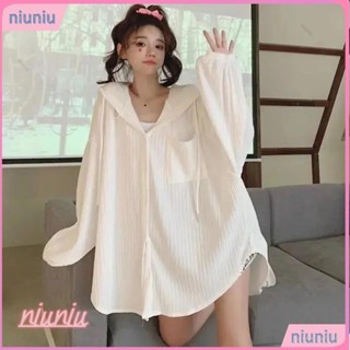 【Niu】臺灣發貨✨L~4XL 女生大尺碼長袖襯衫 連帽冷鋒衣防曬衣 素色 學生 時尚百搭 小外套 港風 鈕扣 簡約 外