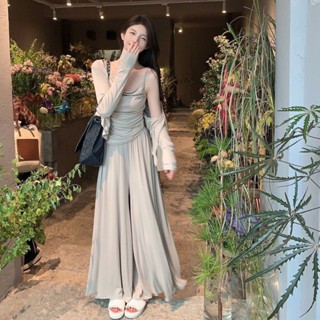 臺灣出貨 慵懶休閒套裝女春秋新款不規則弔帶開衫高腰拖地褲顯瘦氣質三件套 日係套裝 韓國套裝 顯瘦上衣 開衫外套 休閒褲