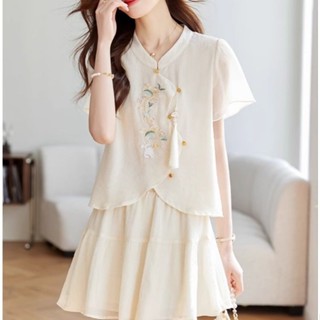 新中式國風刺繡短袖雪紡襯衫女夏裝新款時尚百搭半身群套裝 大尺碼女裝 復古 民族風 漢元素 改良漢服 漢服女 中國風唐裝