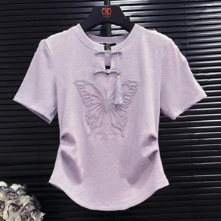 新中式國風刺繡盤扣t恤短袖女裝夏季爆款純棉上衣潮流外穿小衫潮 國潮 中國風上衣 復古上衣 大尺碼上衣 顯瘦 新中式上衣