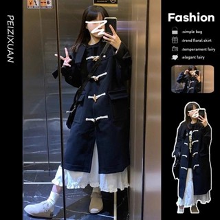 免運 赫本風外套 黑色牛角扣毛呢外套女 秋冬外套 小個子外套 中長款大衣 風衣外套 加厚 韓版 寬鬆外套 秋冬外套