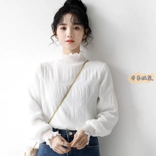 👚臺灣出貨👚 韓版 學院風 白色高領打底衫女 秋冬加絨加厚 雪紡上衣 洋氣內搭 保暖蕾絲衫 紗網 修身 顯瘦打底衫❤