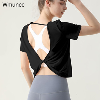 Wmuncc 後背交叉運動上衣女夏薄短袖T恤網紗透氣瑜伽服健身跑步訓練