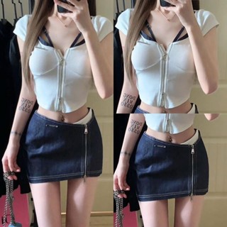 【SARA】兩件套 單件 夏季 輕奢 短款 別緻 顯瘦 上衣 拉鏈 設計 包臀 半身裙 套裝女