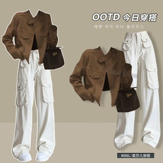 【夢卡dream】秋裝 套裝女 高階風 氣質穿搭 短款外套 高腰 工裝褲女 韓系穿搭 秋季女裝 韓版女裝 大尺碼女裝