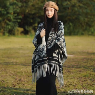 時尚配飾🌹女士披肩 鬥篷披肩 針織披肩 披肩毯🌹2024新款格子仿羊絨流蘇複古鬥篷秋冬保暖披風披肩百搭圍巾