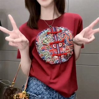國風複古宮廷短袖棉/中式刺繡圓領/夏季新款設計顯瘦修身寬鬆別緻上衣女媽媽裝