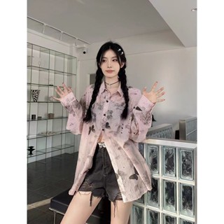 【CrystaL】粉色長袖襯衫女薄款通懃蝴蝶碎花防曬寬鬆外套上衣 潮開衫外穿 短版罩衫 涼感防風外套 運動風衣夏天薄外套