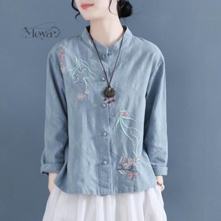 中國風刺繡棉麻襯衫復古盤扣長袖立領茶服寬松打底亞麻上衣2022春 大尺碼T恤 長袖上衣 民族風上衣 禪意茶服 文藝T恤