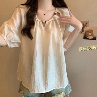 蘇蘇🌸大碼女裝 大尺碼上衣 小飛袖上衣 襯衫女 大碼女裝法式短袖襯衫新款夏季胖mm寬松顯瘦小衫休閑雪紡減齡上衣