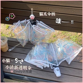 🎆臺灣出貨+免運🎇«透明傘» 貓咪卡通摺疊全自動透明開收創意 雨傘 三折男女長柄學生清新ins傘