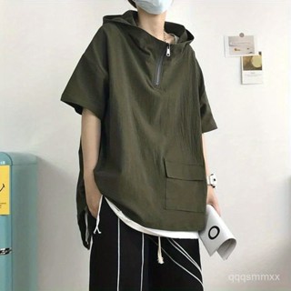 美式短袖T恤男 潮牌ins 夏季薄款 寬鬆半袖 潮流 半拉鏈連帽 男生潮t t恤男 t恤短袖男 短袖上衣男 短袖夏裝男
