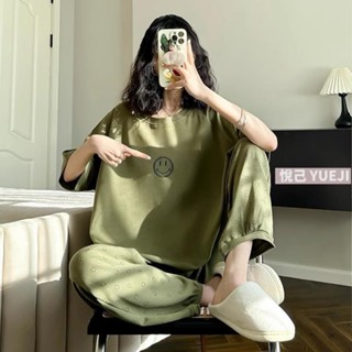 悅己🌻大尺碼女裝 睡衣套裝 紫色睡衣女夏季短袖長褲高級感寬松大碼韓版笑臉可外穿家居服套裝居家服套裝 夏天睡衣 親膚 舒
