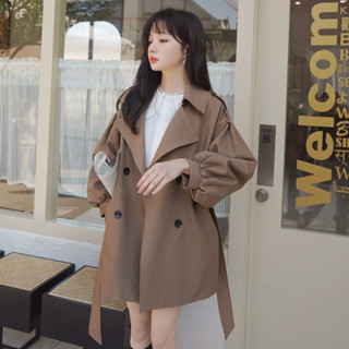 9號倉庫 長款外套女 韓版風衣女 咖色短款風衣外套女 春秋裝 韓版ins 小個子秋冬外套 燈籠袖大衣 長外套 開衫外套
