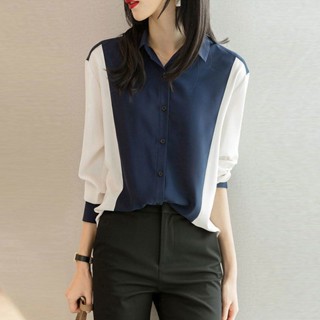 雪紡長袖上衣女 雪紡職業裝襯衫拼色2024年新款秋季女士高階襯衣長袖上衣氣質小衫 薄長袖上衣 女生防曬雪紡襯衫 春秋長袖