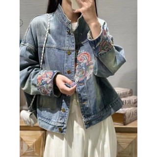 重工刺繡牛仔外套女2024春秋季新款復古立領中國風短款夾克上衣潮 新中式 女生外套 寬鬆外套 薄外套 夾克 襯衫外套 罩