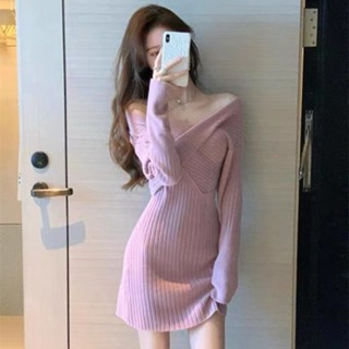 免運❤針織洋裝女 針織連身裙 洋裝 長版洋裝 長款毛衣 新款配大衣裙子女人味包臀粉色毛衣裙內搭打底針織洋裝女
