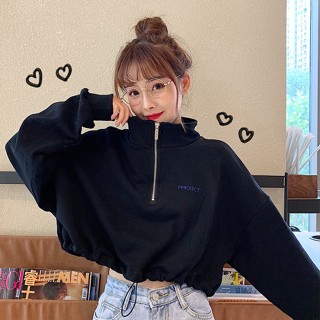 免運❤上衣歐美拉鍊字母體恤 薄款街頭風 露肚短版大學T 上衣 長袖 短版 原宿男友風高領外套上衣潮chic