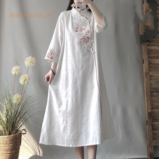 臺灣發貨免運📣中國風立領斜襟刺繡棉麻洋裝女長款復古寬鬆七分袖盤扣裙子