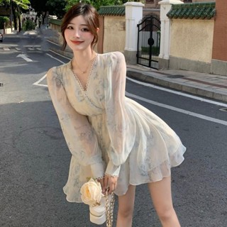 【臺灣出貨】夜店洋裝 性感低胸 碎花連衣裙女收腰薄款雪紡氣質短裙長袖a字裙子修身顯瘦小禮服 聚會生日派對 尾牙穿搭