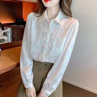 新中式復古盤扣白色襯衫女秋季設計感小眾長袖上衣別致漂亮小衫 新中式 中國風上衣 長袖襯衫 復古 國風襯衫 襯衫女 大尺碼