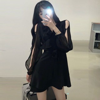 【SparK】超僊顯瘦韓版性感荷葉邊魚尾收腰V領連衣裙子辣妹洋裝 韓國女裝 長袖洋裝禮服 法式連身洋裝 收腰顯瘦 短禮服