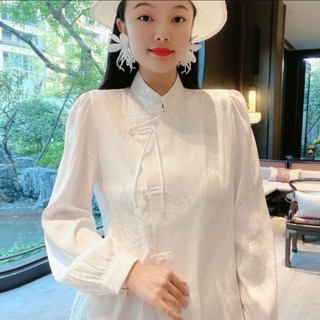 中國風上衣女 高階國風女士襯衫時尚新中式新品高檔百搭洋氣提花純色上衣寬松款 新中式上衣 長袖襯衫女 大尺碼春秋長袖女