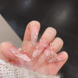 立減優惠 約72H出貨 穿戴甲 貼片指甲可拆卸法式蝴蝶結新款高階成品顯白美甲中長款穿戴甲片 穿戴甲 美甲 美甲貼片 指甲