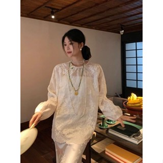中國風上衣女 2024春季新款珍珠扣刺繡花邊半透新中式國風上衣女寬松防曬罩衫 民族風上衣 文藝復古大尺碼古著襯衫女