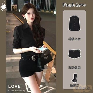 💖布要服裝💖 韓系套裝 女生套裝 氣質套裝 三件套 套裝女 早秋新款辣妹 Polo領別緻長袖 顯瘦襯衫上衣 高腰休閑短褲