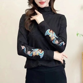 中國風上衣女 春季高檔新款中式復古國風打底衫女上衣T恤春季時尚氣質長袖小衫 民族風上衣 文藝復古長袖打底衫長袖保暖上衣