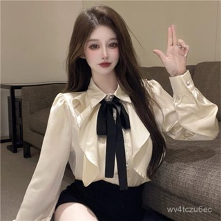 【VV】宮廷風襯衫女長袖蝴蝶結領帶翻領荷葉邊法式襯衣小眾別緻上衣