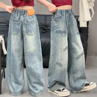 【PE】最新刺繡字母直筒闊腿長褲潮款水洗牛仔超級顯瘦中大童春秋牛仔褲