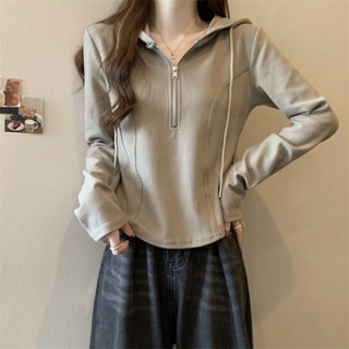 [Jaylee]拉鍊 連帽衛衣女 長袖t恤 大學t 帽t 韓版女裝 秋冬上衣 大碼女裝 寬鬆上衣 不規則帽衫女上衣 長袖