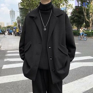 熱賣🌟冬季新款毛呢外套男 日係炸街風衣 港風大衣 毛呢外套 短款大衣 英倫秋冬披風鬥篷 韓版長袖外套 素色加厚男風衣 S