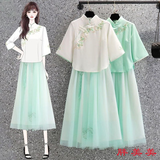 【M-5XL大尺碼】大尺碼女裝 新中式女裝 古風衣服 國潮穿搭兩件套裝女2024夏季新款網紗半身裙中國風大碼民國小洋裝