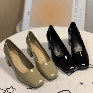 DAVINIE 瑪麗珍跟鞋 方頭粗跟鞋 法式單鞋女 春季新款高階漆皮百搭工作粗跟女鞋裸色高跟鞋