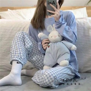 Xuan♥睡衣女新款ins日系格子簡約甜美網紅長袖花邊少女家居服兩件套裝