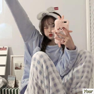 【Your】大尺碼睡衣 睡衣女韓國ins泫雅法蘭絨格子秋冬季網紅同款可外穿珊瑚絨家居服