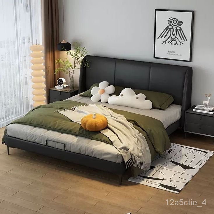 北歐極簡黑色皮藝床現代簡約小戶型實木單人床北歐網紅軟包輕奢床 床架 輕奢床 床 雙人床 大床 6尺床 儲物床 PVTL
