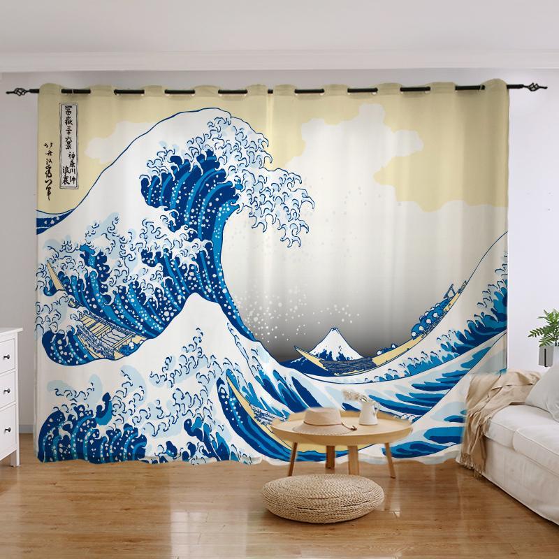 日式櫻花富士山和風餐廳隔斷臥室浮世繪落地背景個性遮光窗簾定制雙層絨布