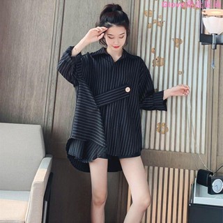 大尺碼~條紋襯衫女設計感小眾2021初秋新款寬松中長款不規則洋氣襯衣學生長袖上衣 長袖t恤 女裝 秋冬寬鬆上衣 顯瘦上衣
