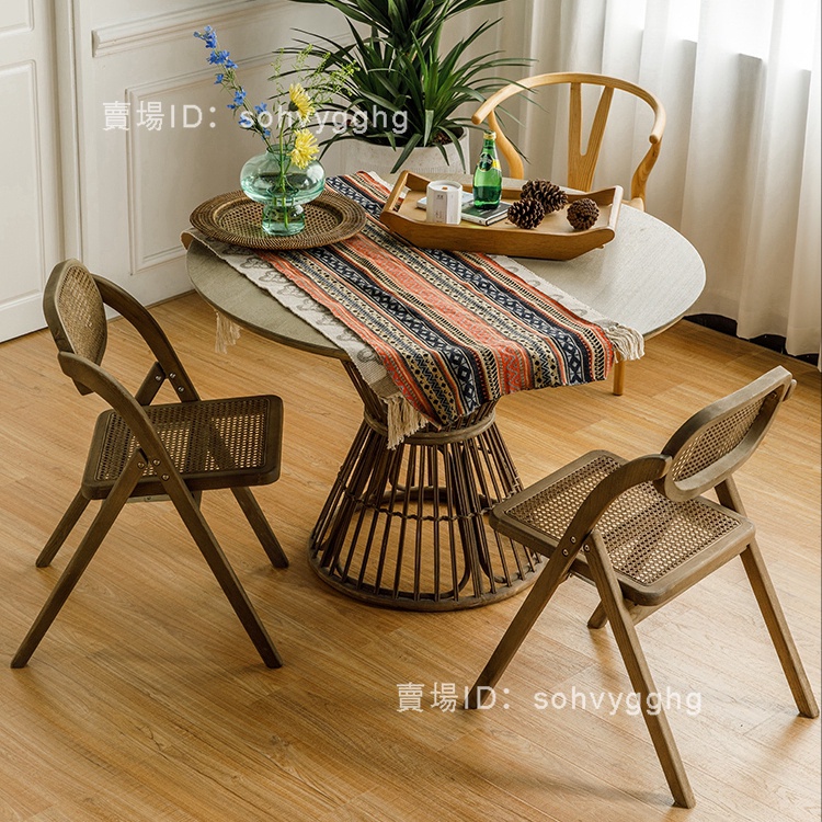 101 HOME實木椅子復古做舊摺疊藤編椅現代家用陽台休閑靠背餐椅K3
