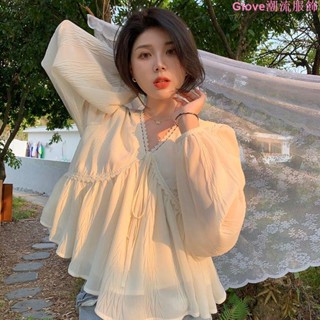 大碼~仙氣v領蕾絲雪紡衫女2022春夏季新款韓系長袖上衣顯瘦氣質小衫女長袖上衣 長袖t恤 女裝 秋冬寬鬆上衣 顯瘦上衣