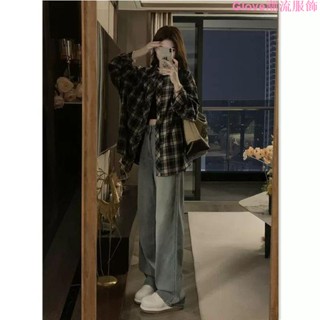 大碼~美式復古格子長袖襯衫女春夏設計感休閑上衣外搭防曬襯衣長袖外套長袖上衣 長袖t恤 女裝 秋冬寬鬆上衣 顯瘦上衣