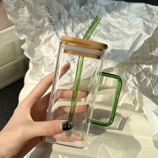 超贊【好物推薦】方形玻璃杯ins風高顏值水杯帶把女士吸管杯子耐熱家用牛奶咖啡杯