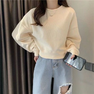 【YW】秋季新款 短版衛衣女 韓版寬鬆百搭純色長袖 短款上衣 女生長袖t恤 顯瘦上衣 圓領長袖上衣